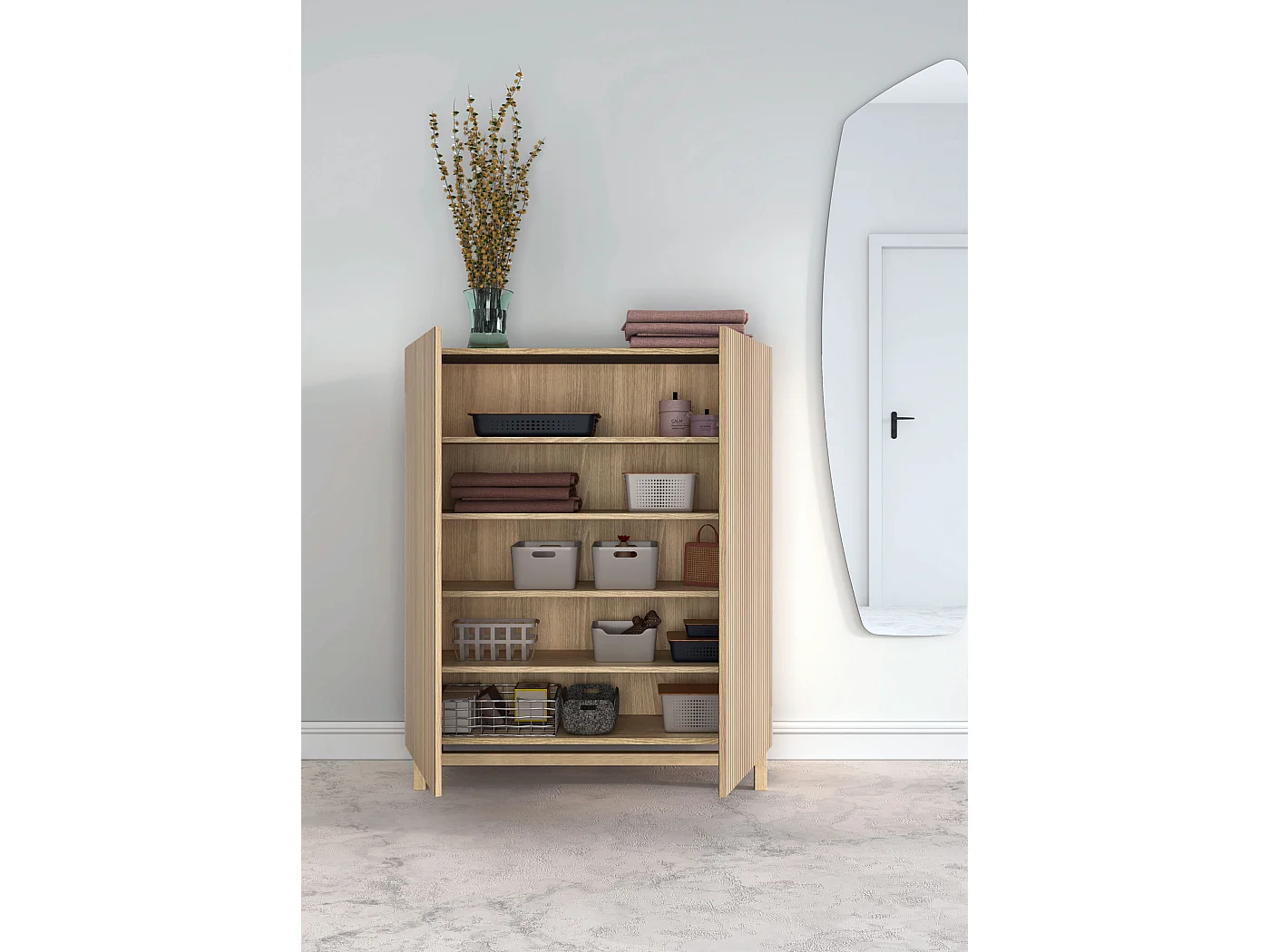 Mueble zapatero/armario - A112cm x L90cm x P27cm roble dorado puertas impresiónvallado - Lofoten