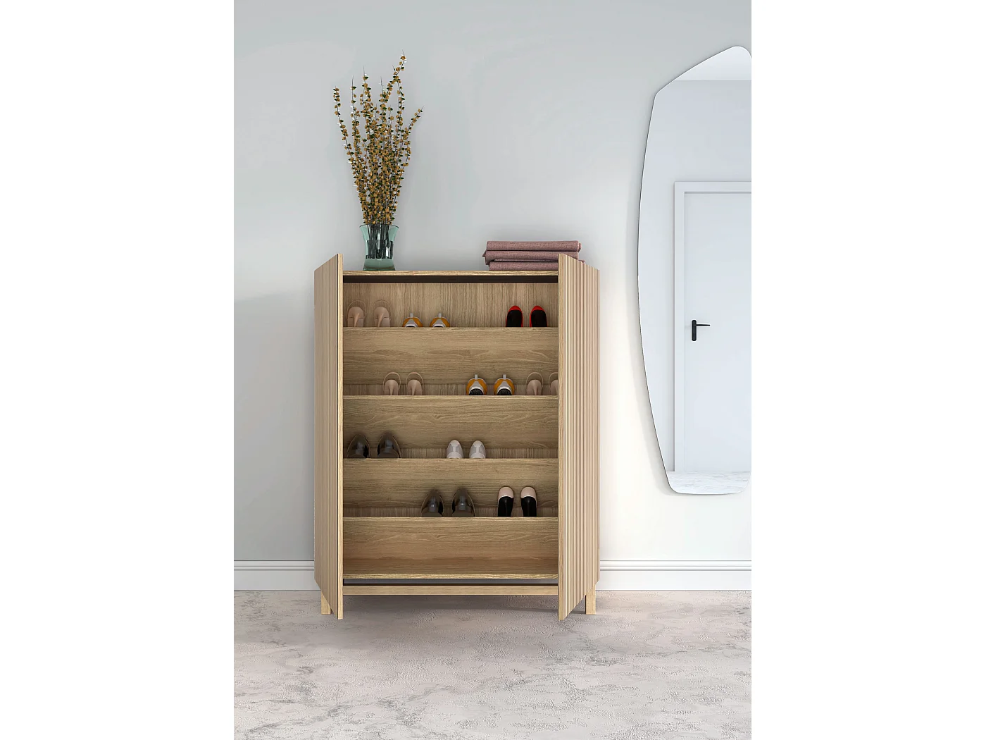 Mueble zapatero/armario - A112cm x L90cm x P27cm roble dorado puertas impresiónvallado - Lofoten
