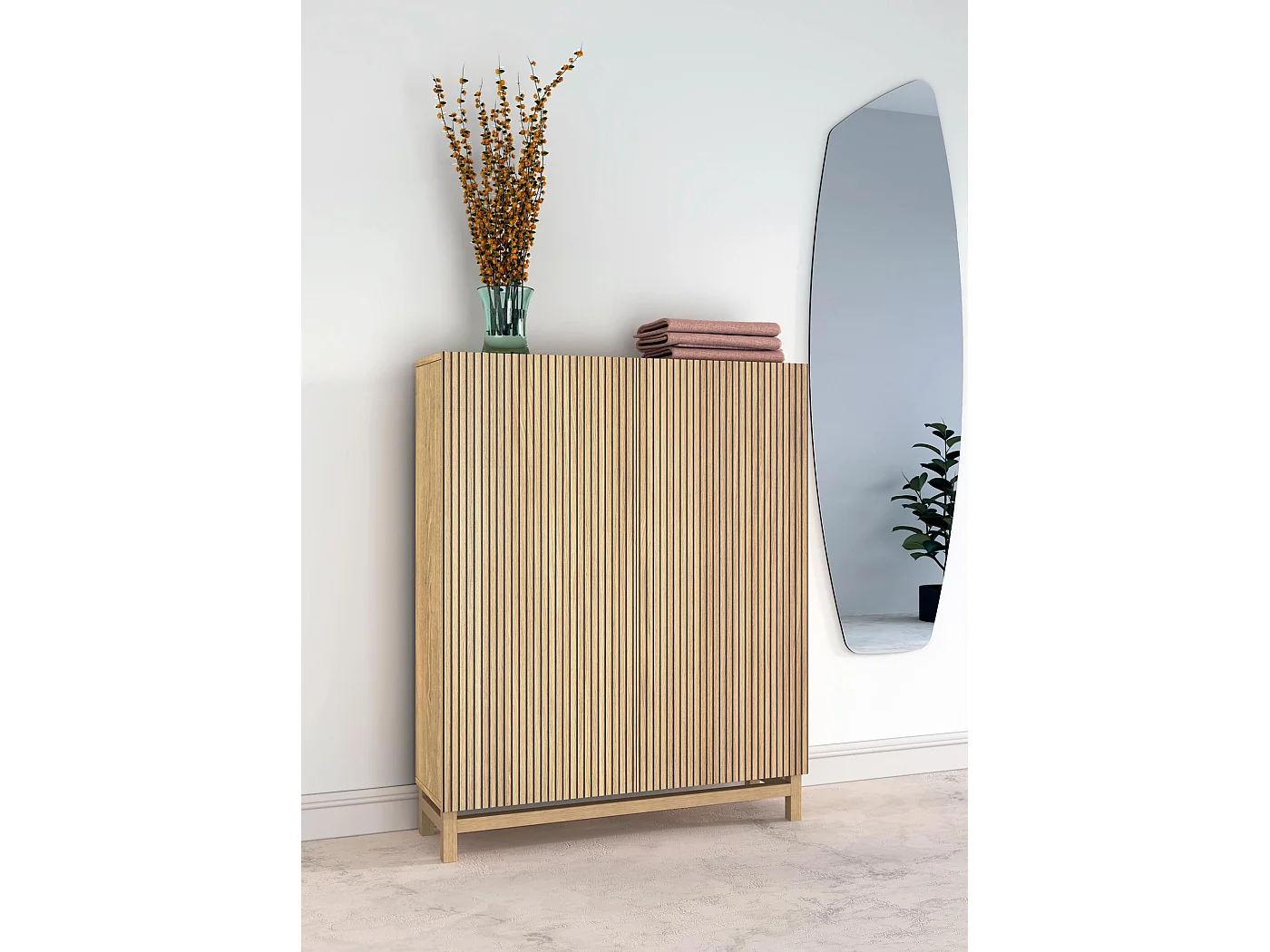 Mueble zapatero/armario - A112cm x L90cm x P27cm roble dorado puertas impresiónvallado - Lofoten