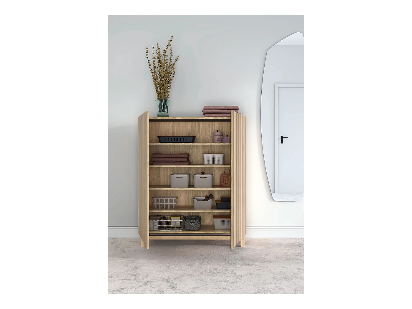 Meuble à chaussures/rangement - H112cm x L90cm x P27cm chêne doré portes impression lattes - Lofoten