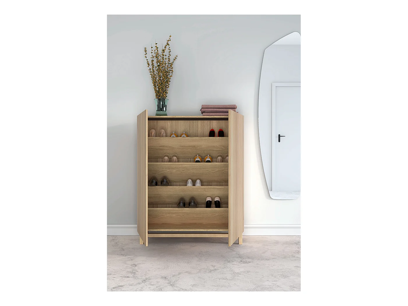 Meuble à chaussures/rangement - H112cm x L90cm x P27cm chêne doré portes impression lattes - Lofoten