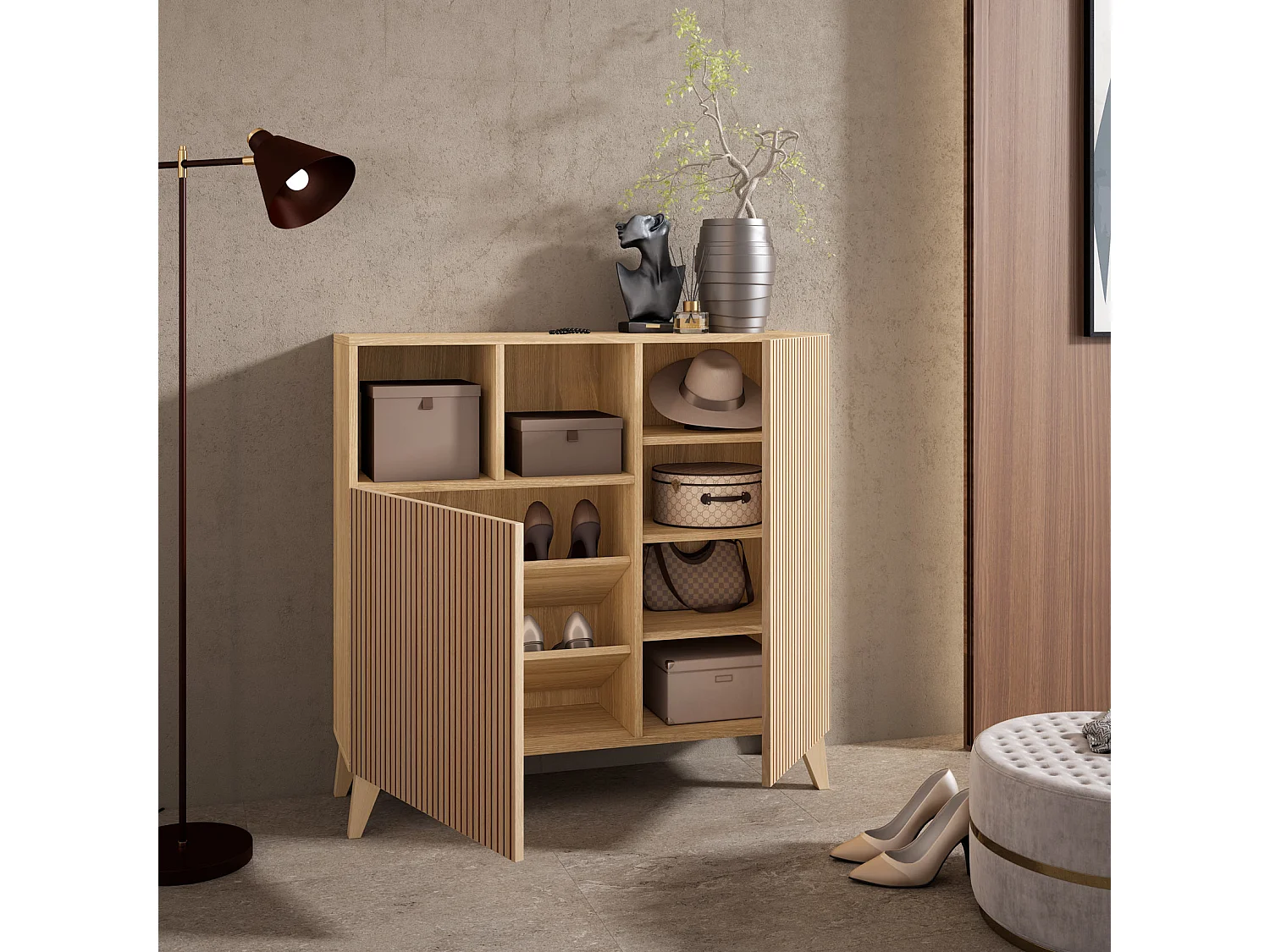 Mueble zapatero/armario - A87cm x L90cm x P27cm roble dorado puertas impresión vallado - Moss