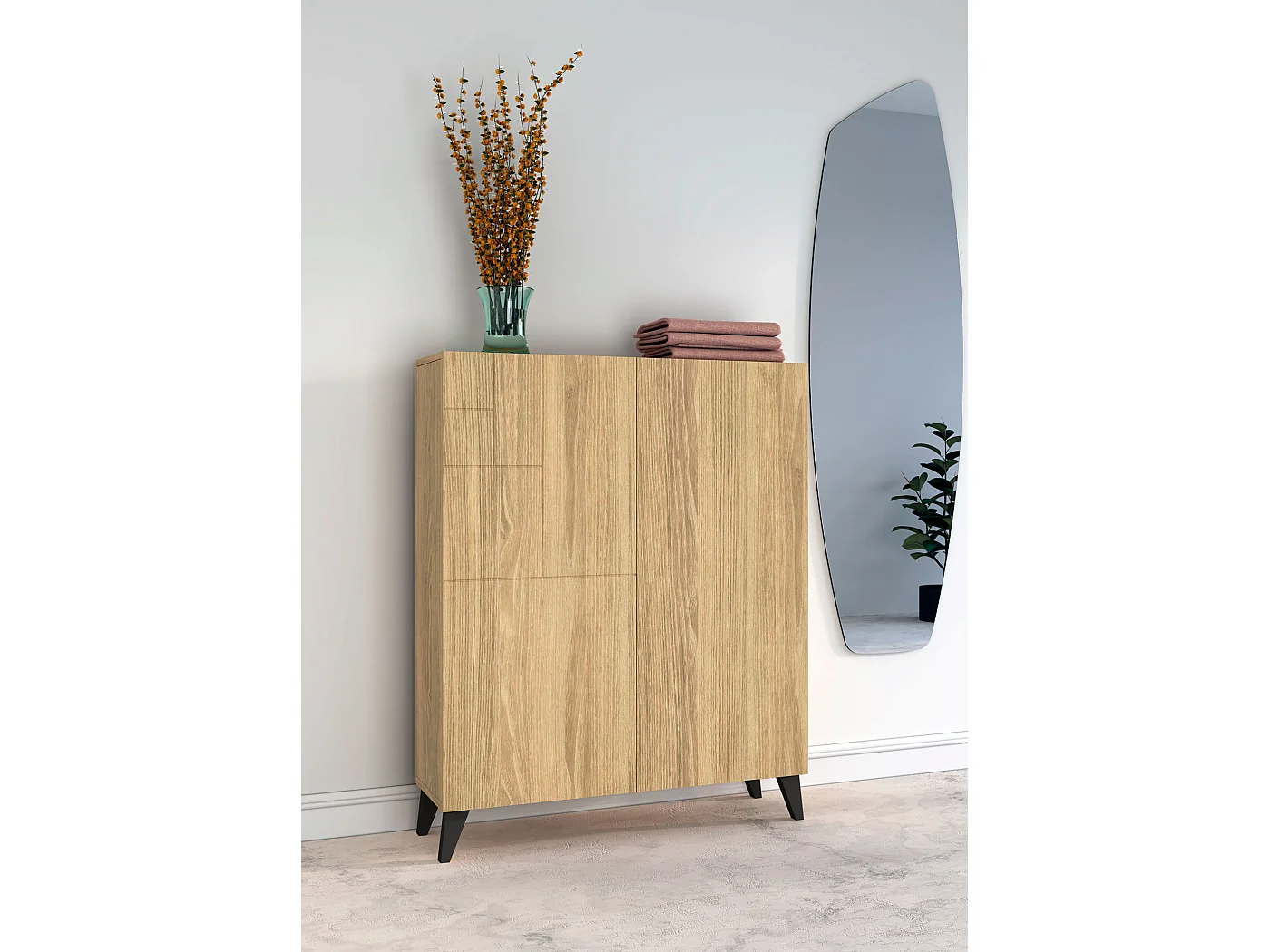 Meuble à chaussures/rangement - H109cm x L90cm x P27cm chêne doré piètement noir - Malmo