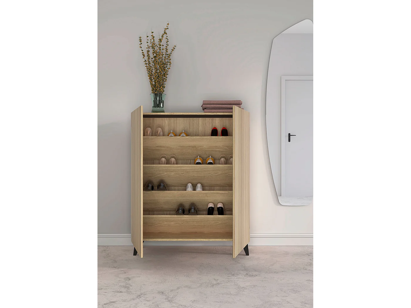 Mueble zapatero/armario - A109cm x L90cm x P27cm roble dorado puertas impresión vallado patas negro - Narvik