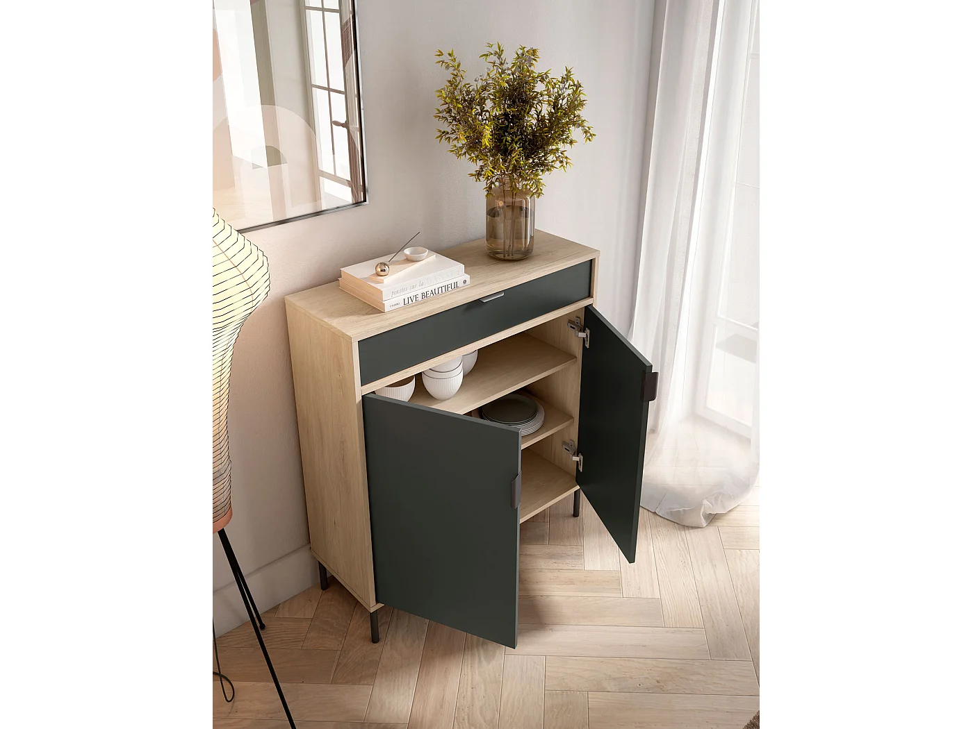 Mueble zapatero/armario - A89cm x L90cm x P29cm roble claro puertas gris grafito - Alice