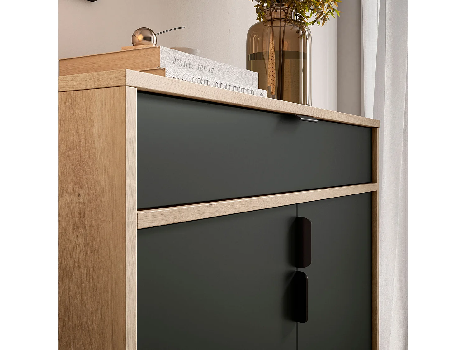 Mueble zapatero/armario - A89cm x L90cm x P29cm roble claro puertas gris grafito - Alice