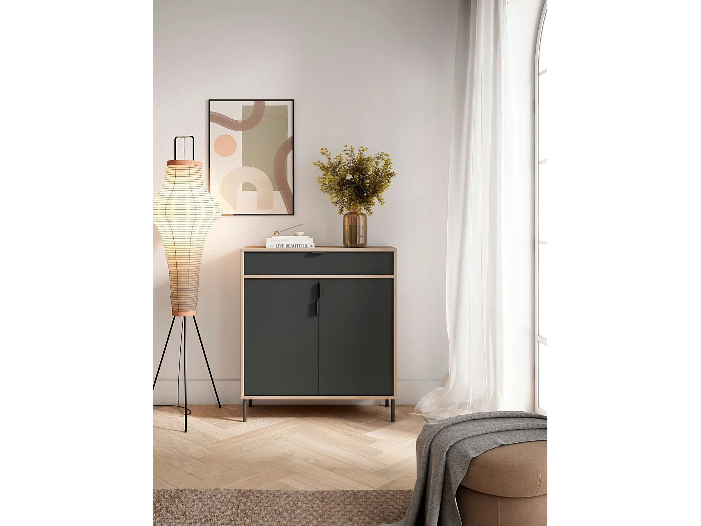 Mueble zapatero/armario - A89cm x L90cm x P29cm roble claro puertas gris grafito - Alice