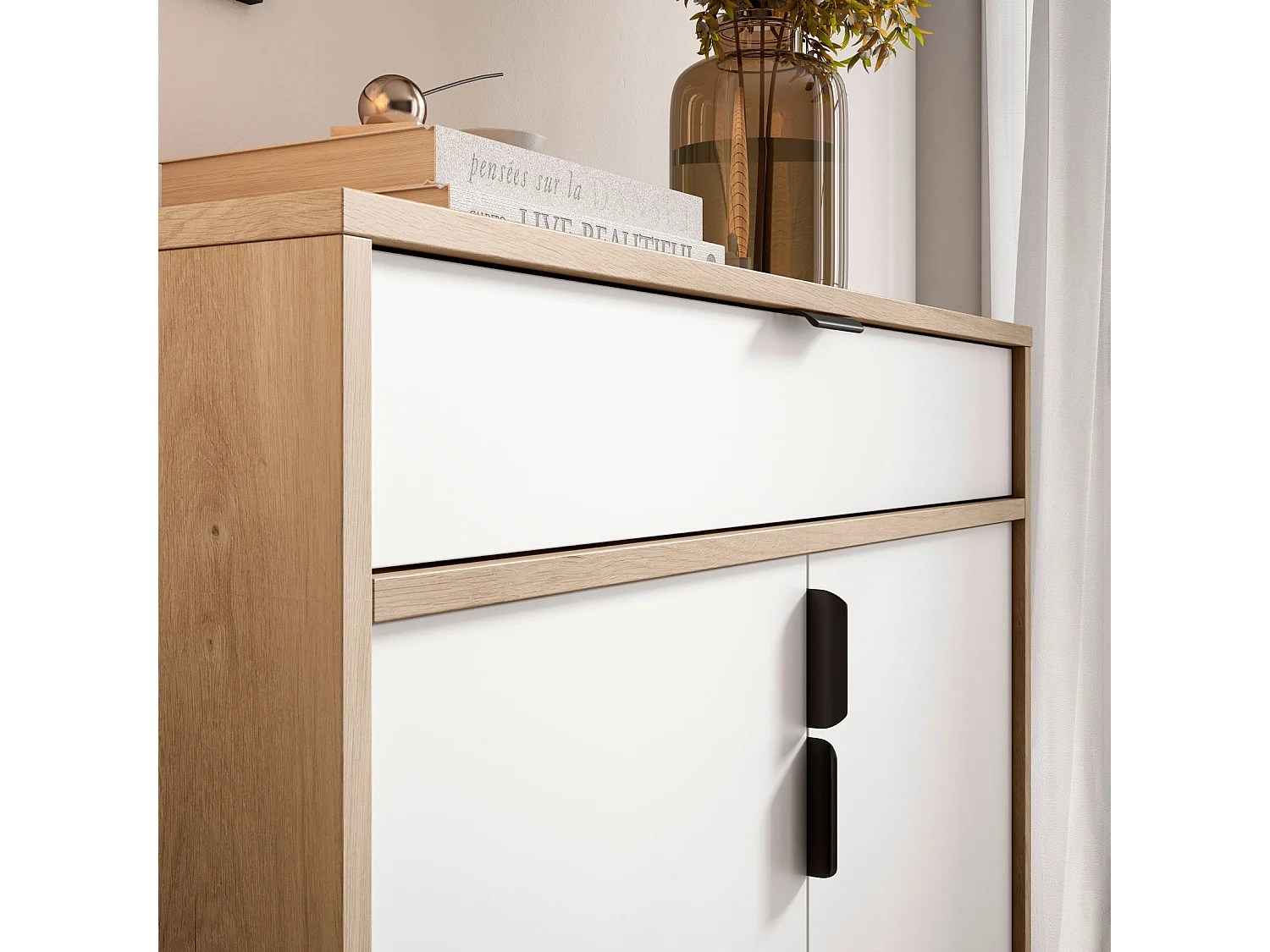 Mueble zapatero/armario - A89cm x L90cm x P29cm roble claro puertas blanco - Alice