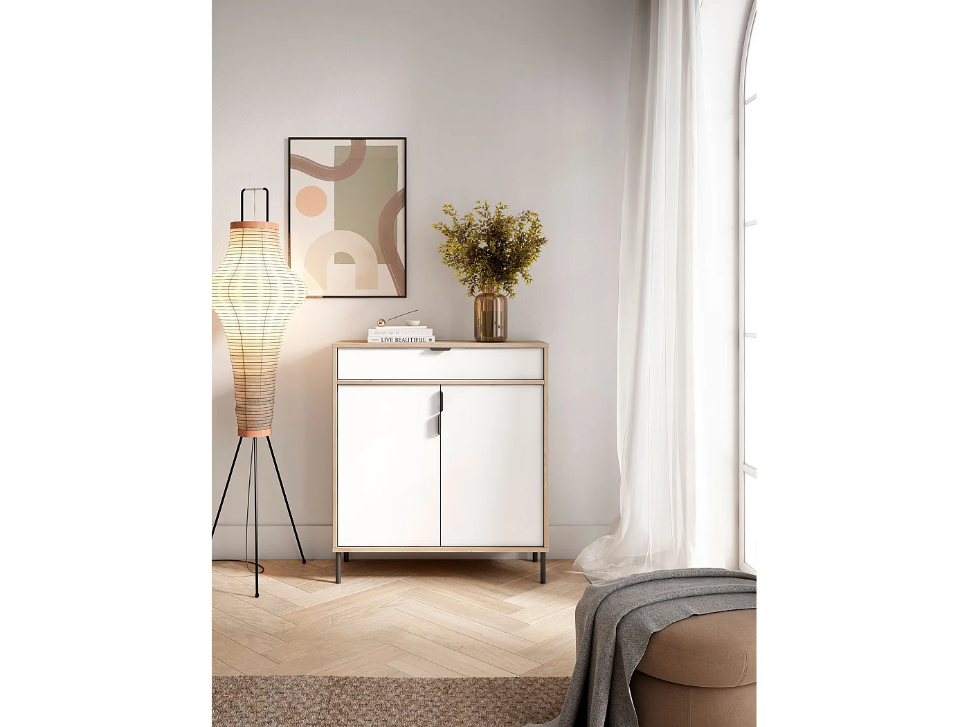 Mueble zapatero/armario - A89cm x L90cm x P29cm roble claro puertas blanco - Alice