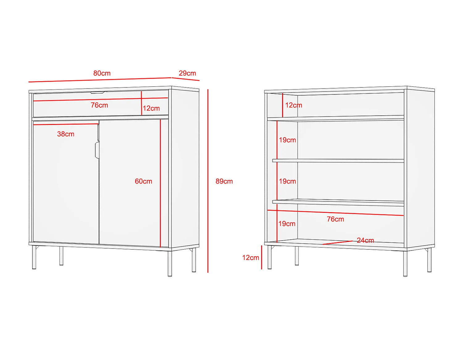 Mueble zapatero/armario - A89cm x L90cm x P29cm roble claro puertas blanco - Alice