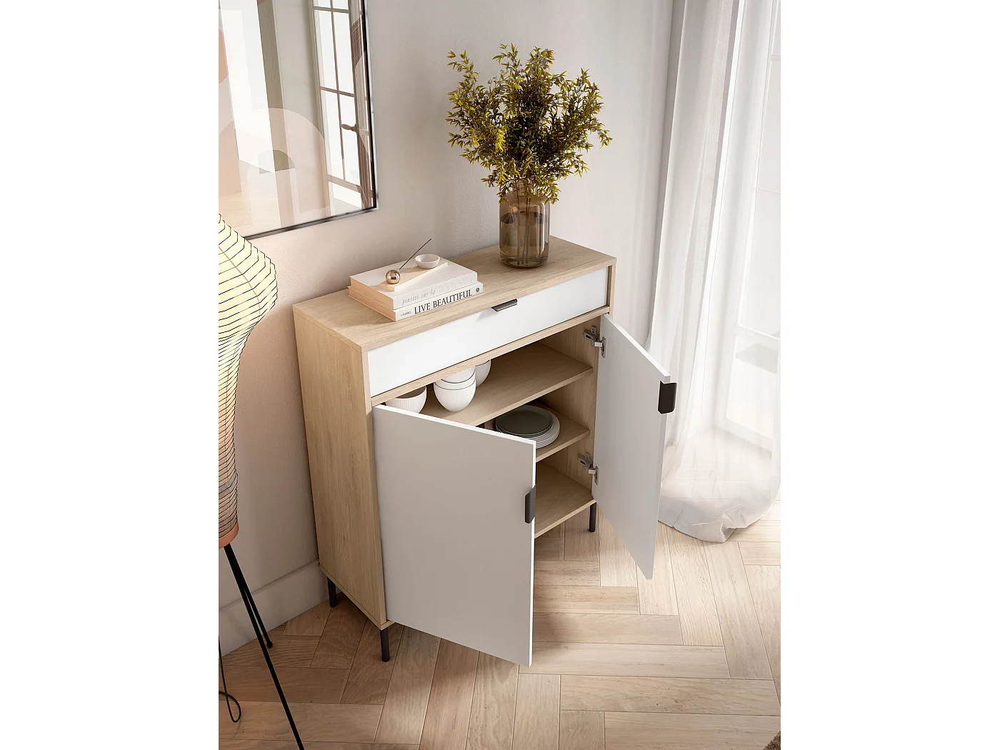 Móvel sapateira/armário - A89cm x C90cm x P29cm carvalho claro portas branco - Alice