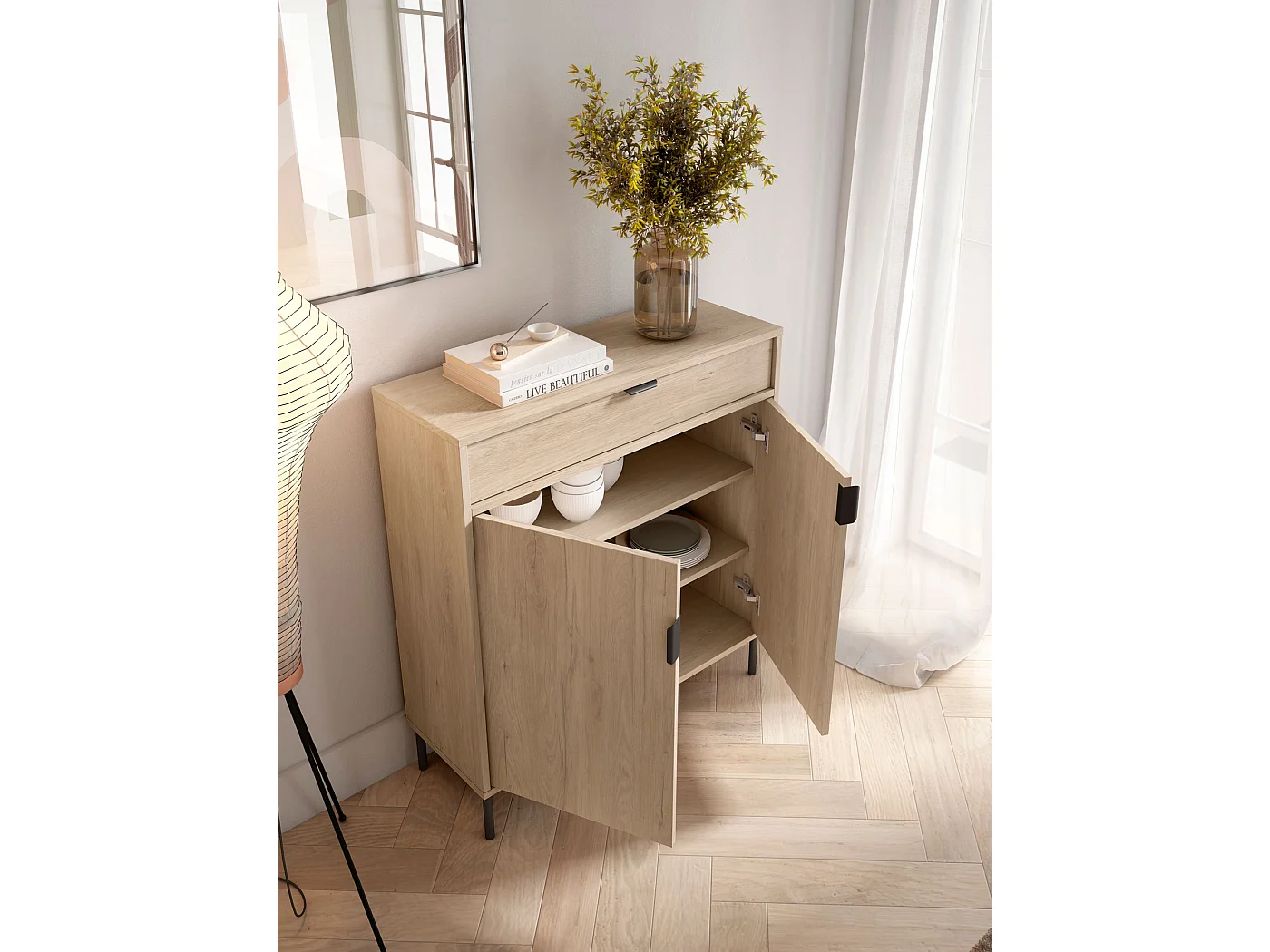 Mueble zapatero/armario - A89cm x L90cm x P29cm roble claro - Alice