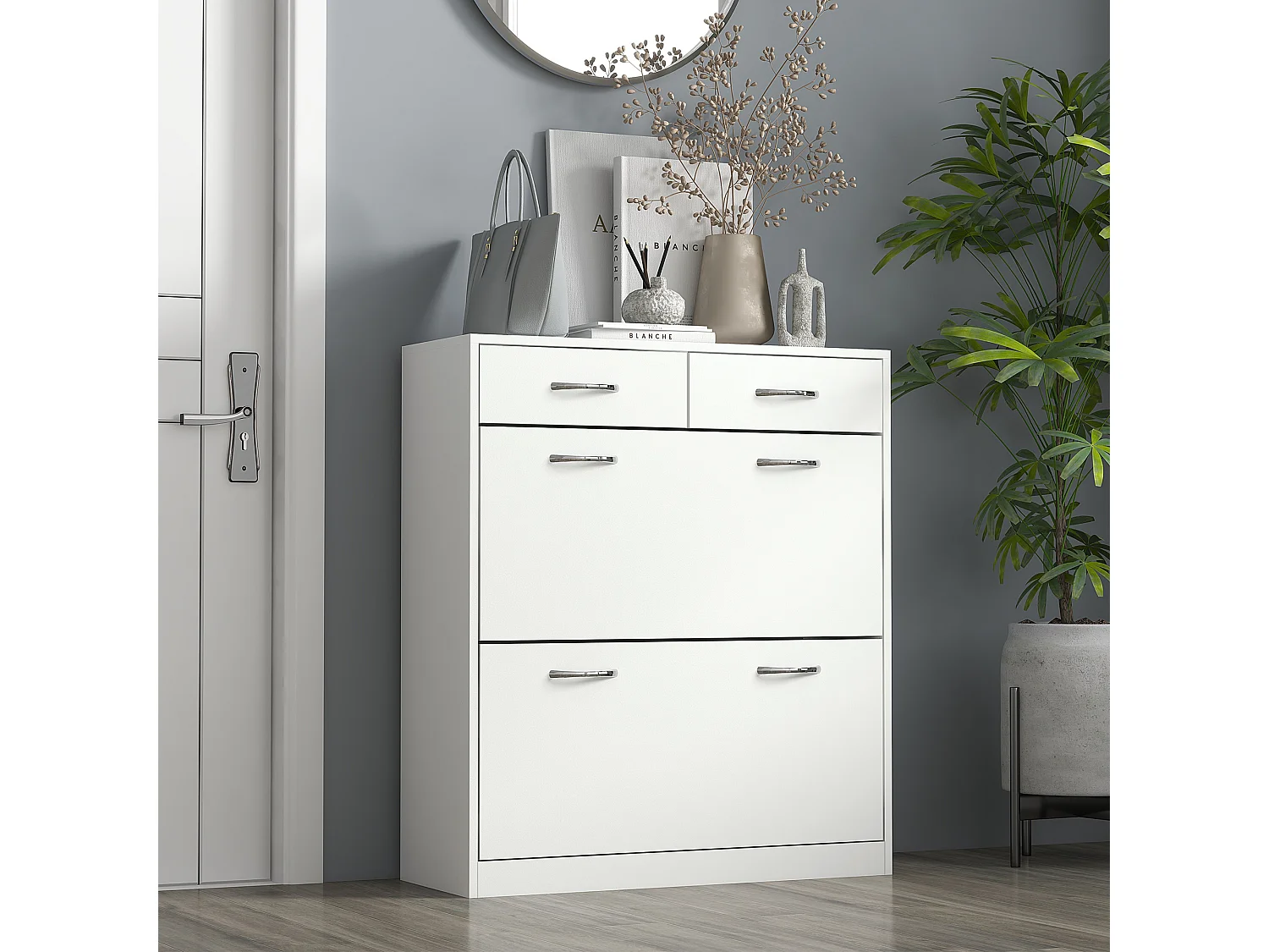 Meuble à chaussures 2 tiroirs 2 portes abattantes étagère blanc