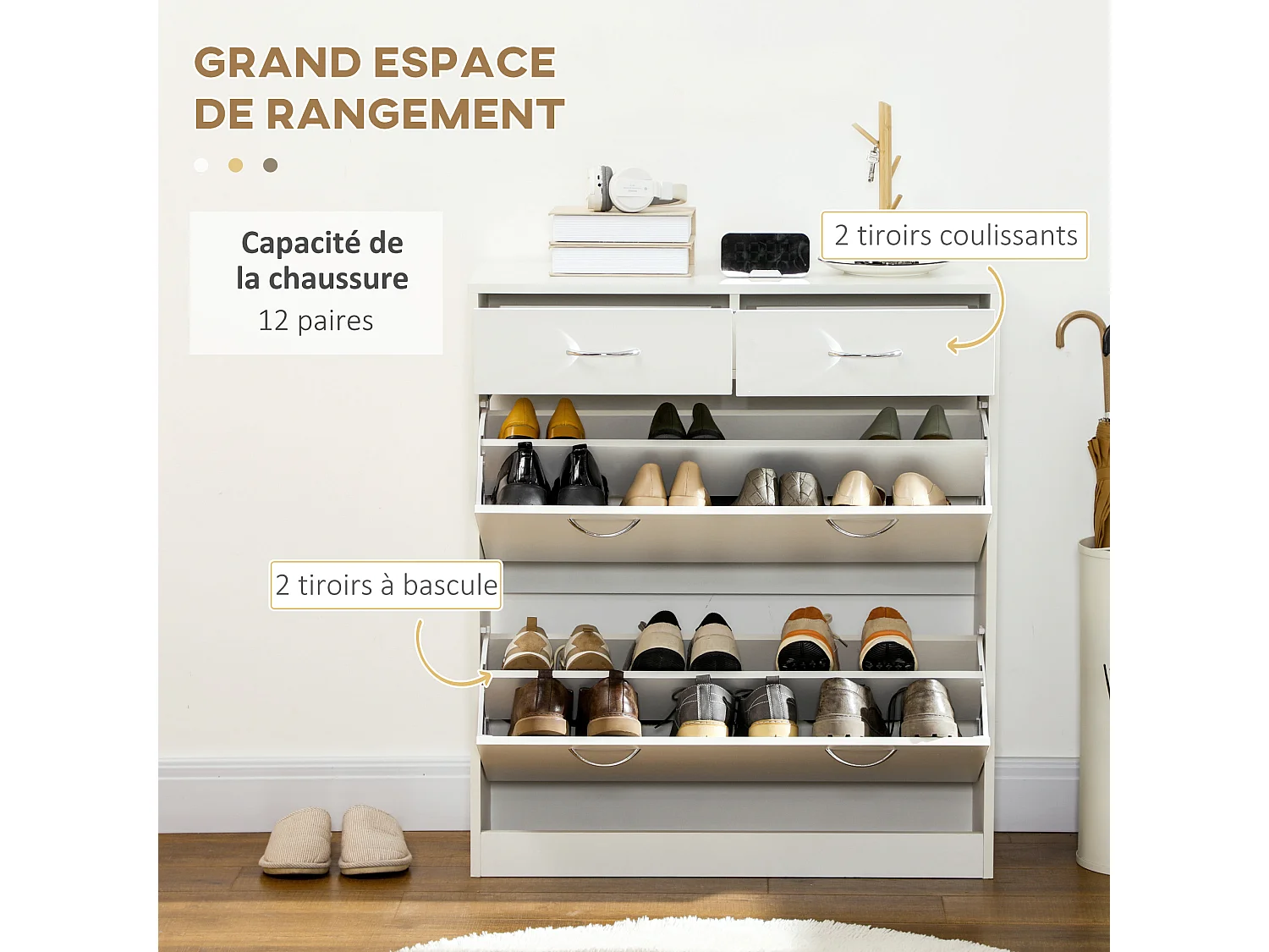 Meuble à chaussures 2 tiroirs 2 portes abattantes étagère blanc