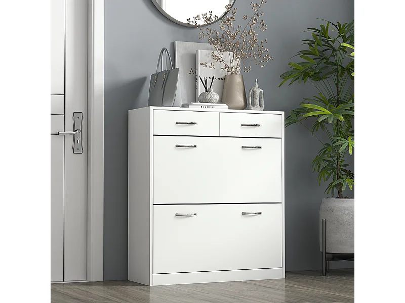 Armoire meuble à chaussures multi-rangement 2 abattants double niveau 2 tiroirs blanc