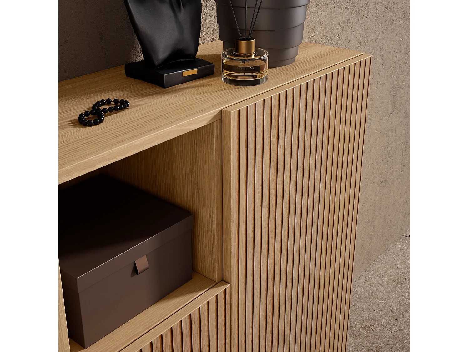 Mueble zapatero/armario - A87cm x L90cm x P27cm roble dorado puertas impresión vallado patas gris grafito - Moss