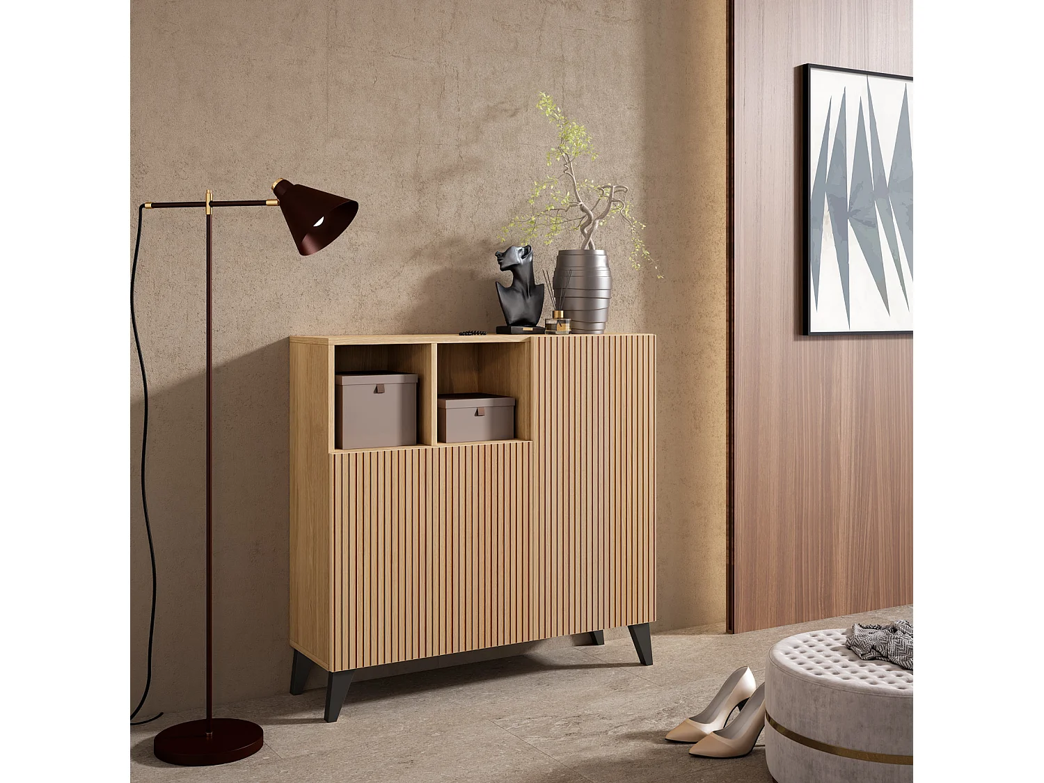 Mueble zapatero/armario - A87cm x L90cm x P27cm roble dorado puertas impresión vallado patas gris grafito - Moss