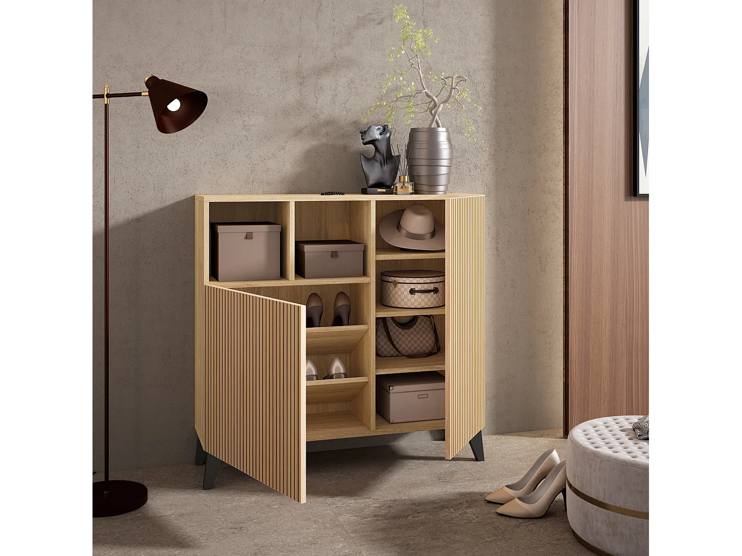 Mueble zapatero/armario - A87cm x L90cm x P27cm roble dorado puertas impresión vallado patas gris grafito - Moss