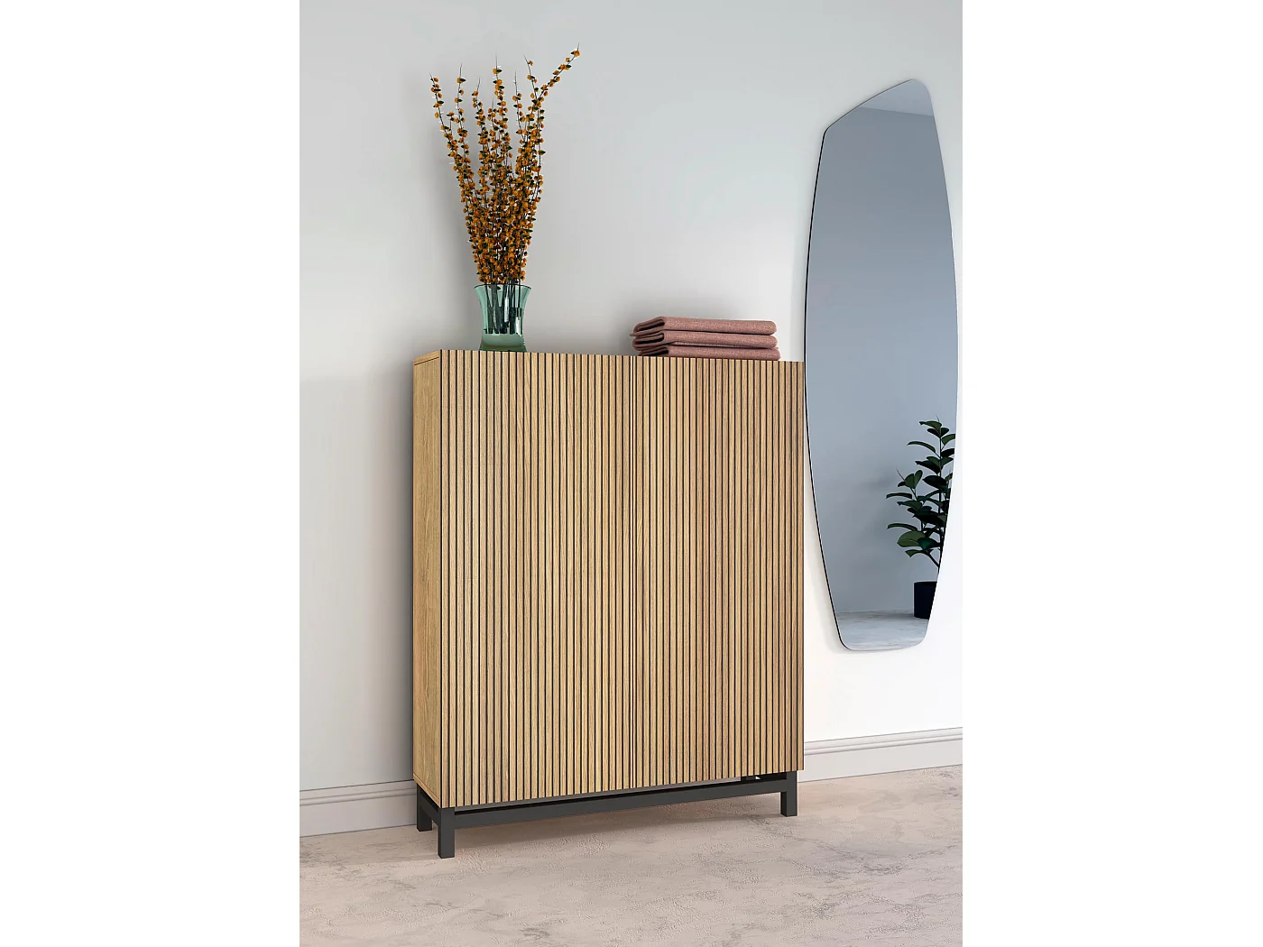 Meuble à chaussures/rangement - H112cm x L90cm x P27cm chêne doré portes impression lattes piètement gris graphite - Lofoten