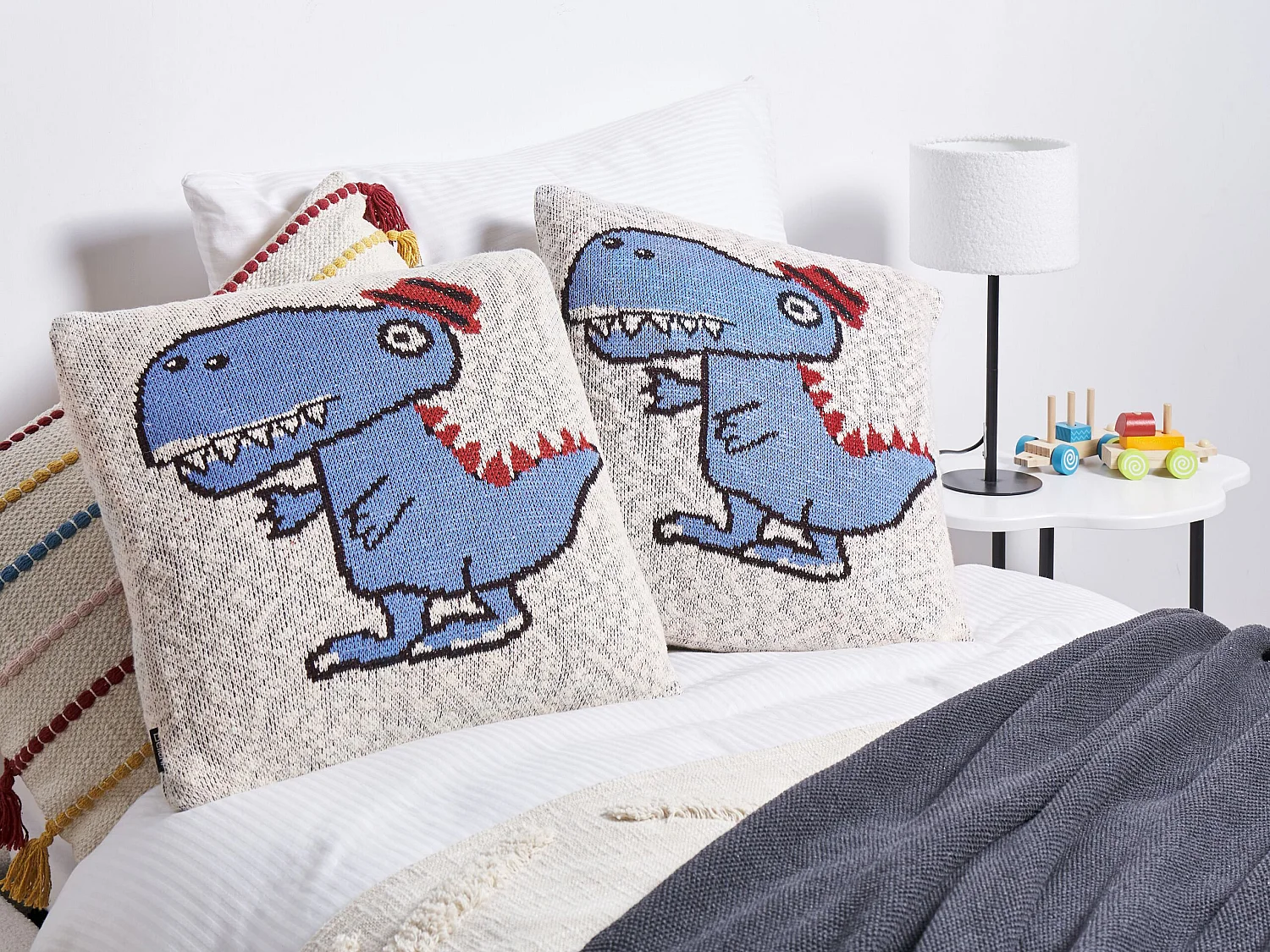 Conjunto de 2 almofadas decorativas com motivo de dinossauro em algodão creme e azul 45 x 45 cm GAMBIR