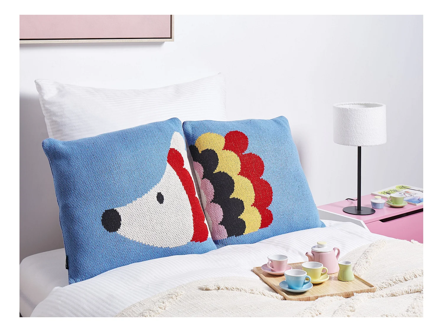 Dekokissen 2er Set Baumwolle blau 45x45 cm Tiermotiv Igel für Kinder Pashot