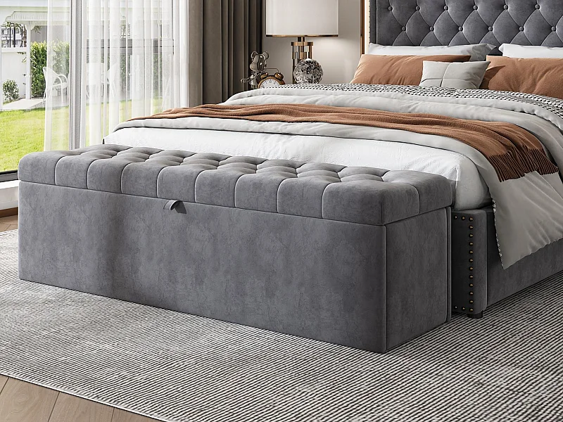 Banc coffre rembourré en velours - Gris