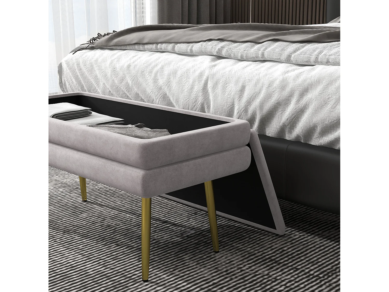 Banquette coffre de rangement 2 en 1 piètement effilé incliné acier doré velours taupe