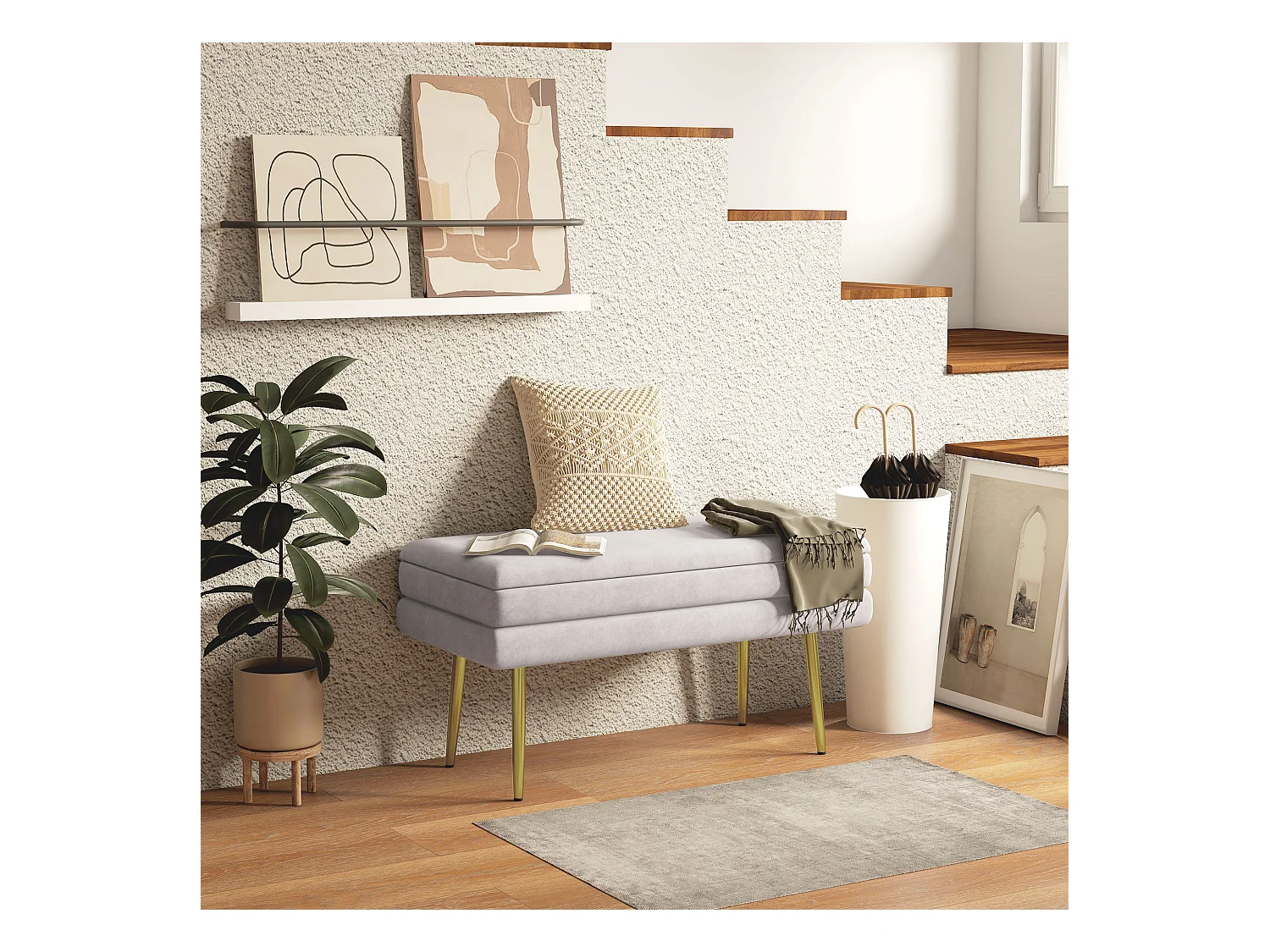 Banquette coffre de rangement 2 en 1 piètement effilé incliné acier doré velours gris clair