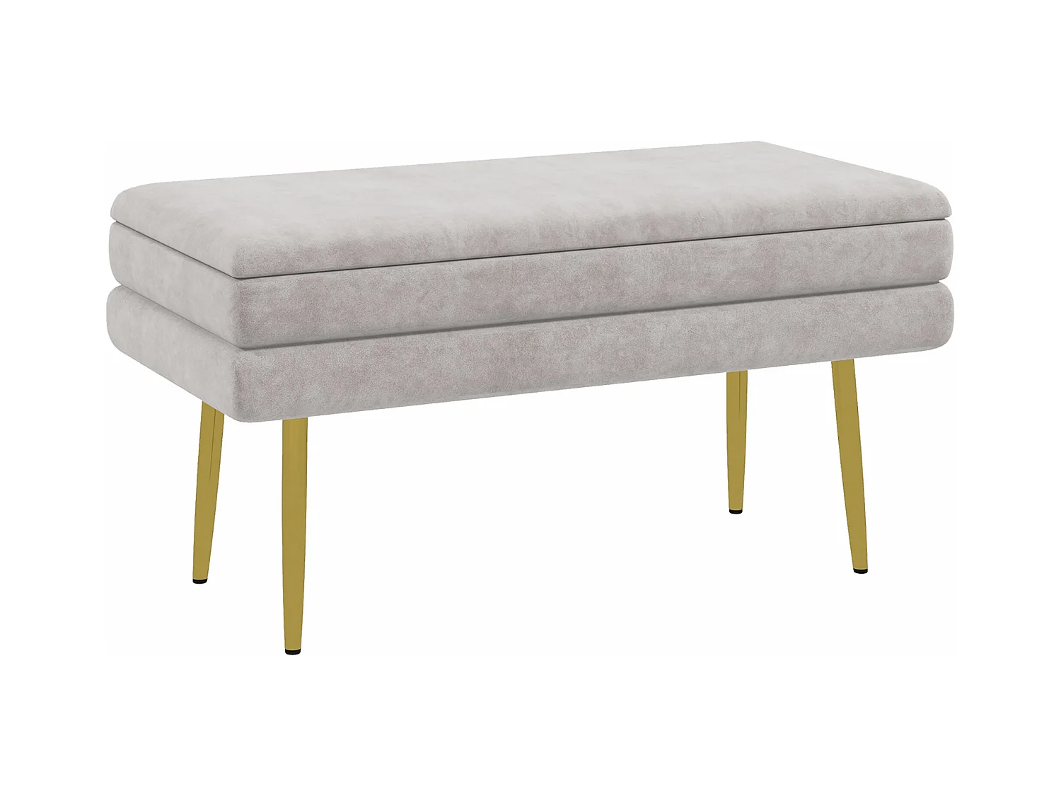 Banquette coffre de rangement 2 en 1 piètement effilé incliné acier doré velours gris clair