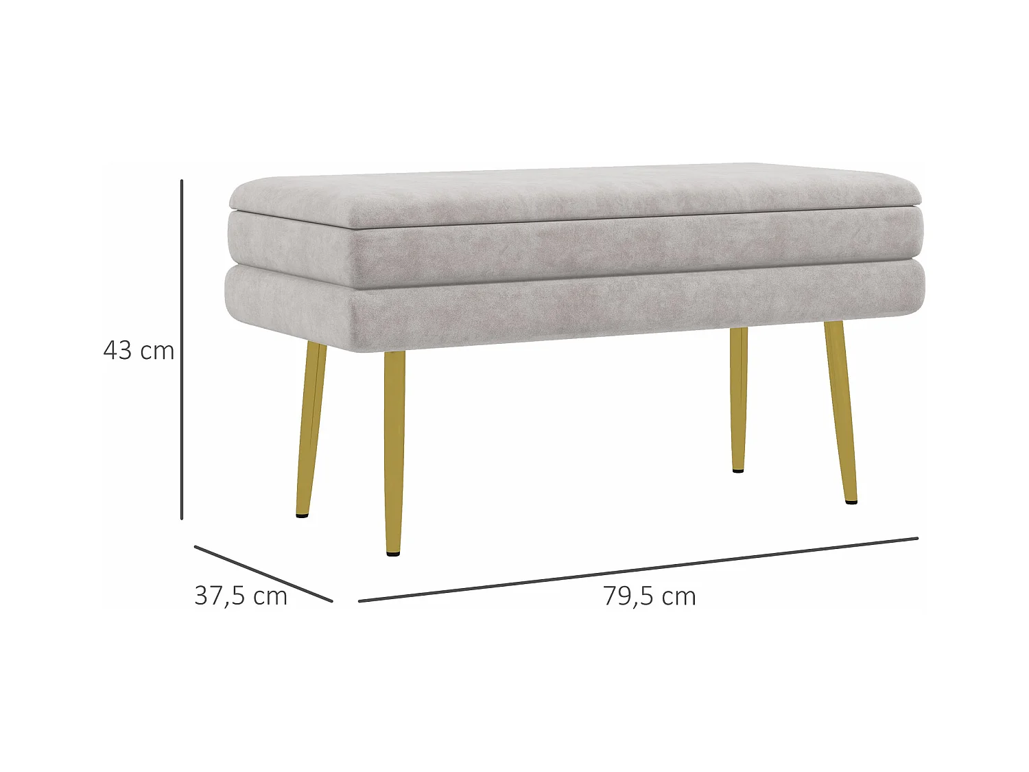 Banquette coffre de rangement 2 en 1 piètement effilé incliné acier doré velours gris clair
