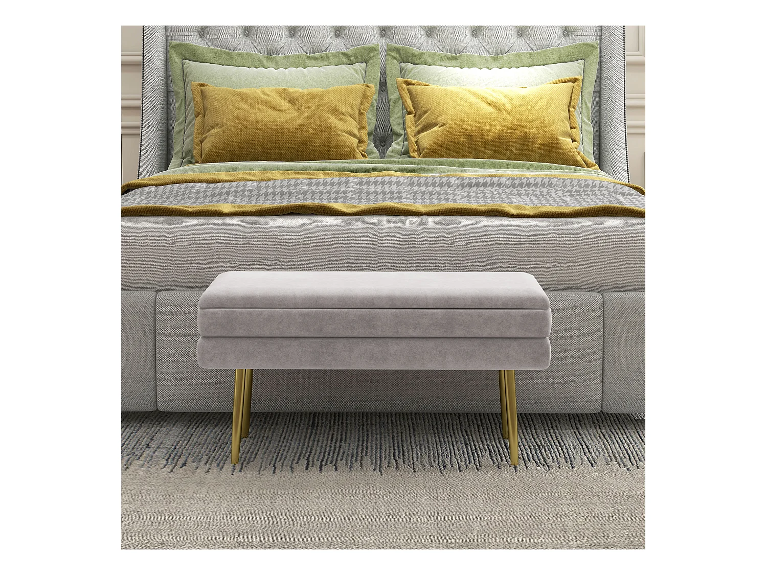 Banquette coffre de rangement 2 en 1 piètement effilé incliné acier doré velours gris clair