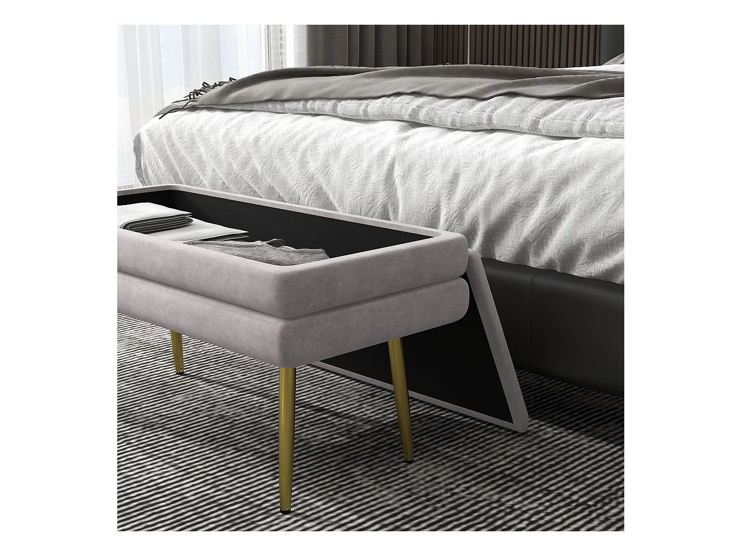 Banquette coffre de rangement 2 en 1 piètement effilé incliné acier doré velours gris clair