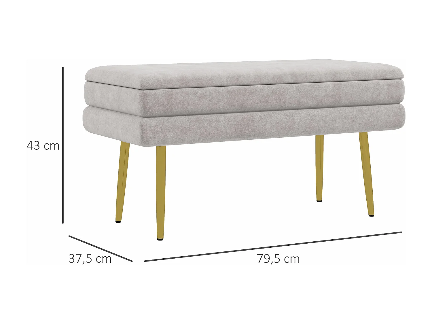 Banquette coffre de rangement 2 en 1 piètement effilé incliné acier doré velours taupe