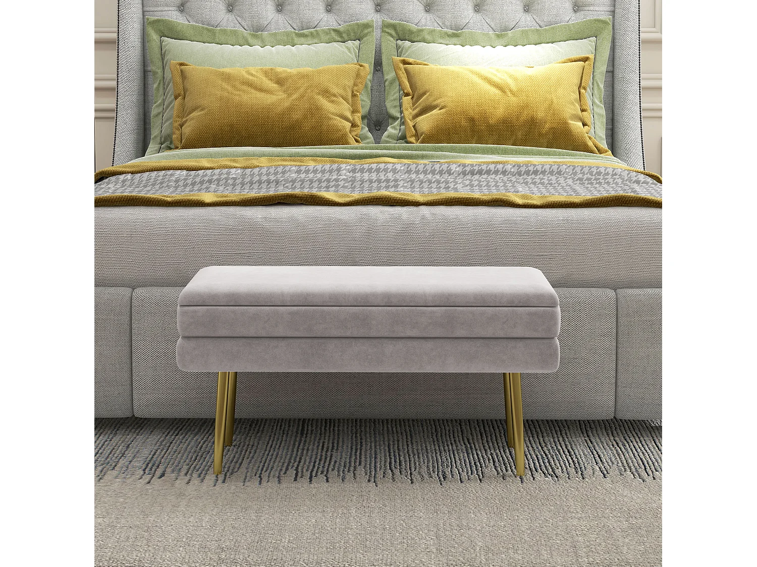 Banquette coffre de rangement 2 en 1 piètement effilé incliné acier doré velours taupe