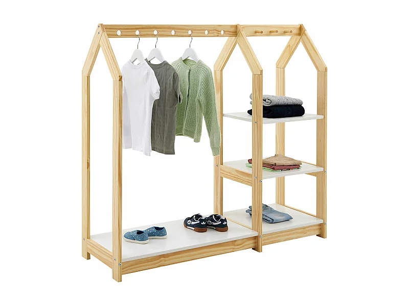 Penderie enfant SALLY en pin massif montessori avec 2 étagères, portant en bois couleur naturelle et blanc