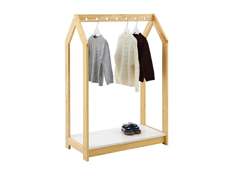 Portant enfant SALLY, garde-robe enfant en pin massif montessori avec 1 étagère, penderie en bois couleur naturelle et blanc
