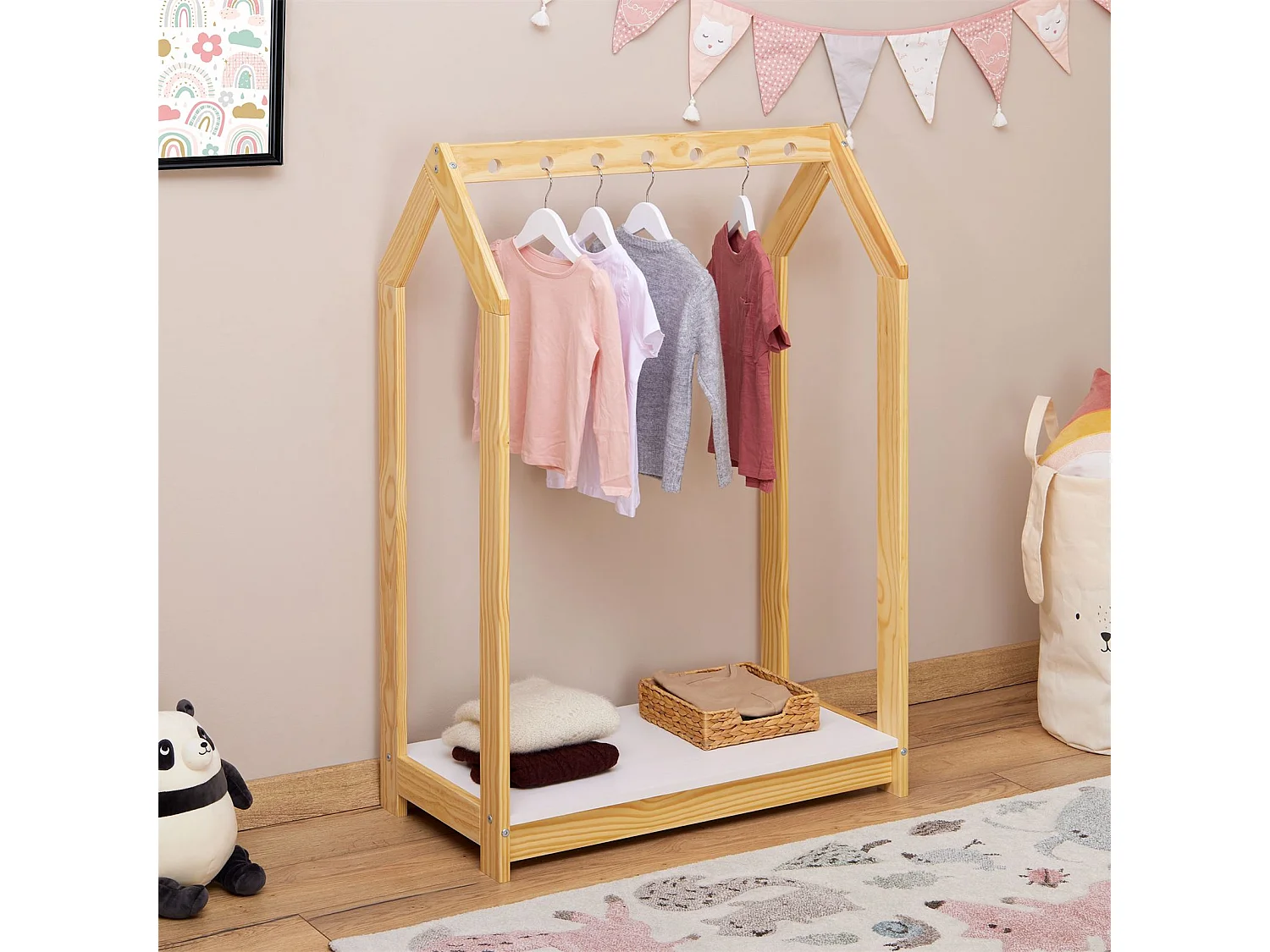 Portant enfant SALLY, garde-robe enfant en pin massif montessori avec 1 étagère, penderie en bois couleur naturelle et blanc