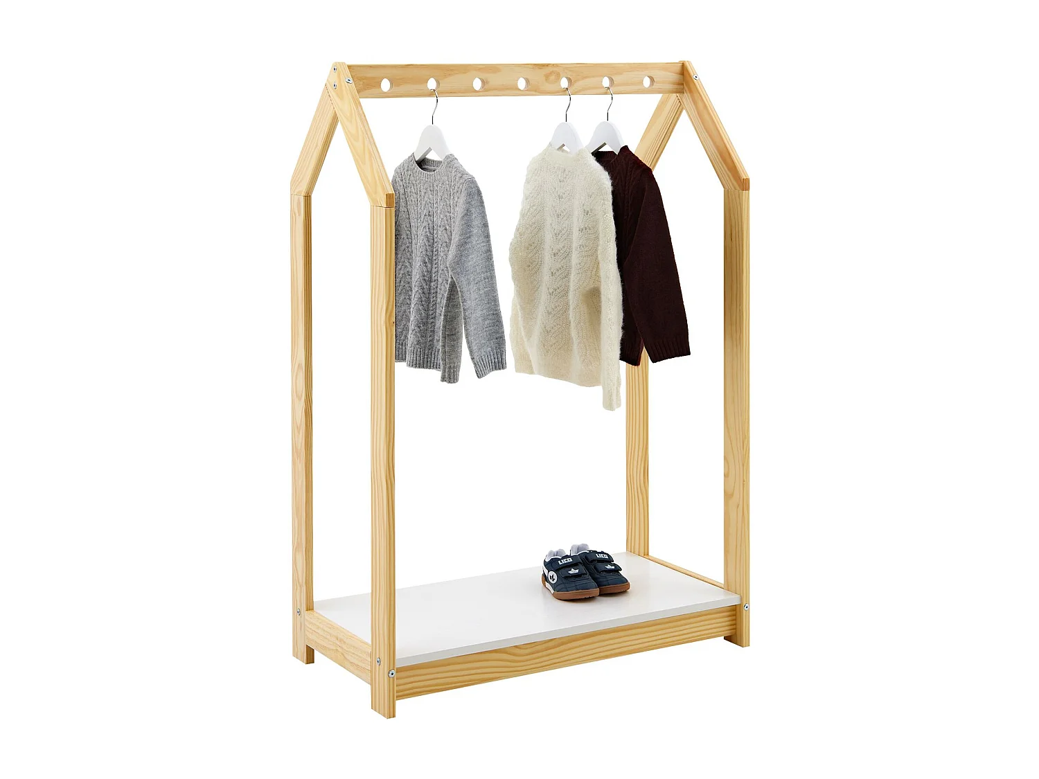 Portant enfant SALLY, garde-robe enfant en pin massif montessori avec 1 étagère, penderie en bois couleur naturelle et blanc