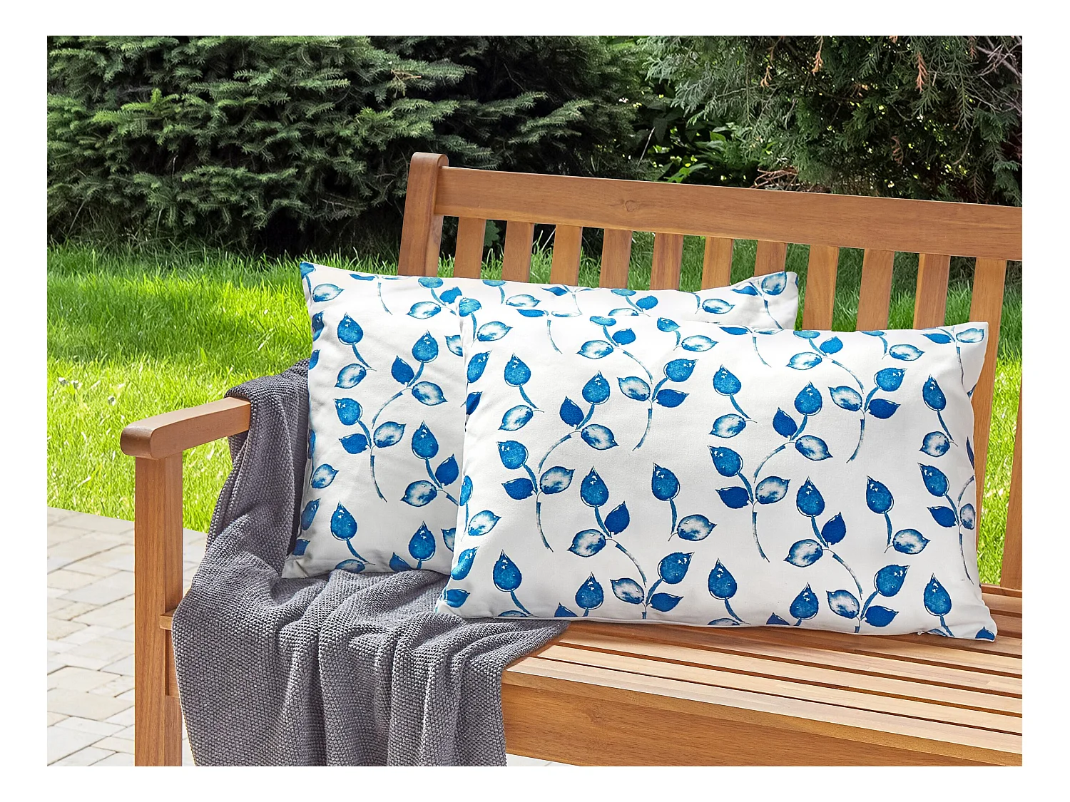 Set van 2 tuinkussens TORBORA Bladpatroon 40 x 60 cm Wit Blauw