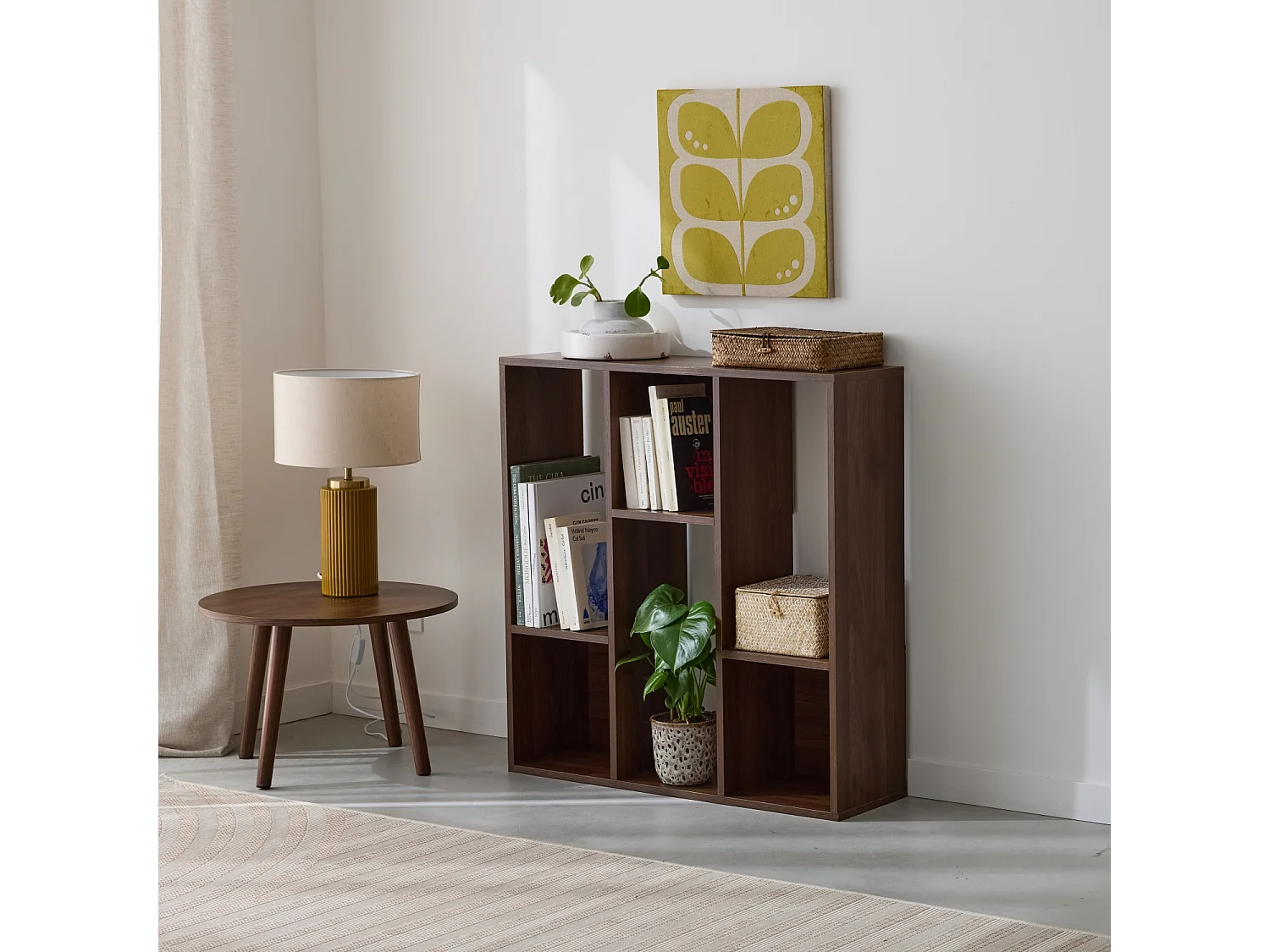 Etagère bibliothèque noyer Pieter 3 étagères 6 compartiments de rangement