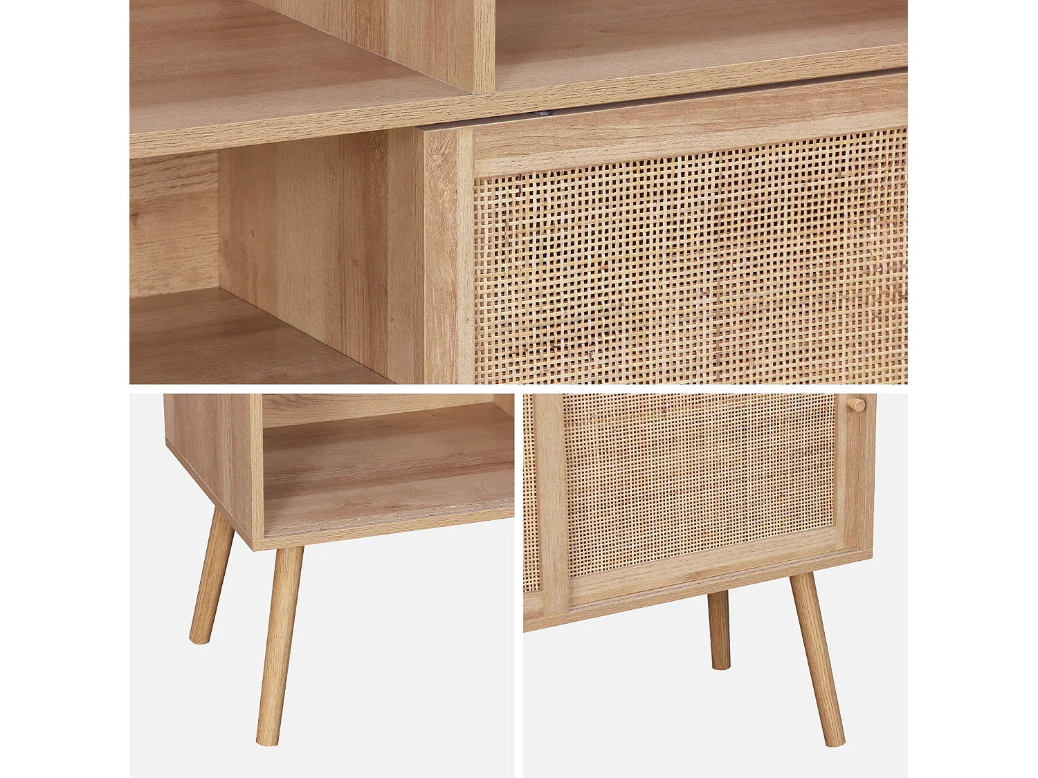 Librería de 5 estantes, puertas correderas, efecto madera y caña