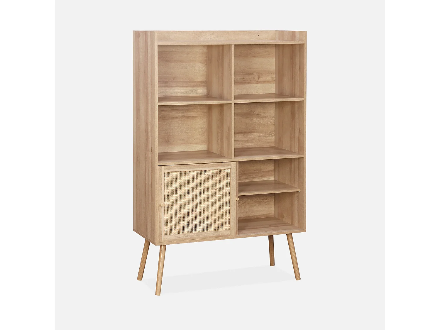 Librería de 5 estantes, puertas correderas, efecto madera y caña