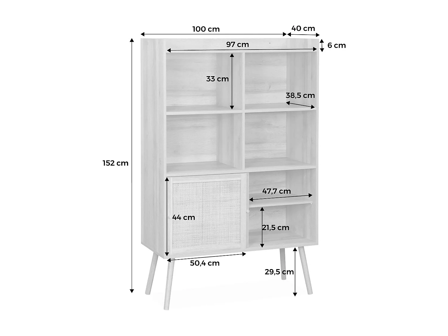 Librería de 5 estantes, puertas correderas, efecto madera y caña