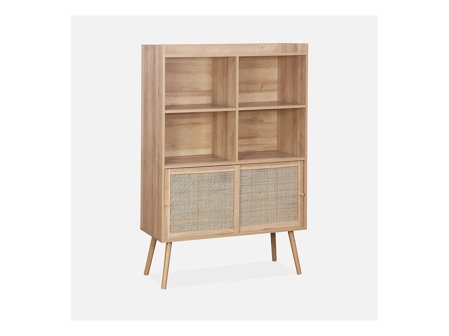 Etagère bibliothèque 5 étagères. 2 portes coulissantes. effet bois et cannage