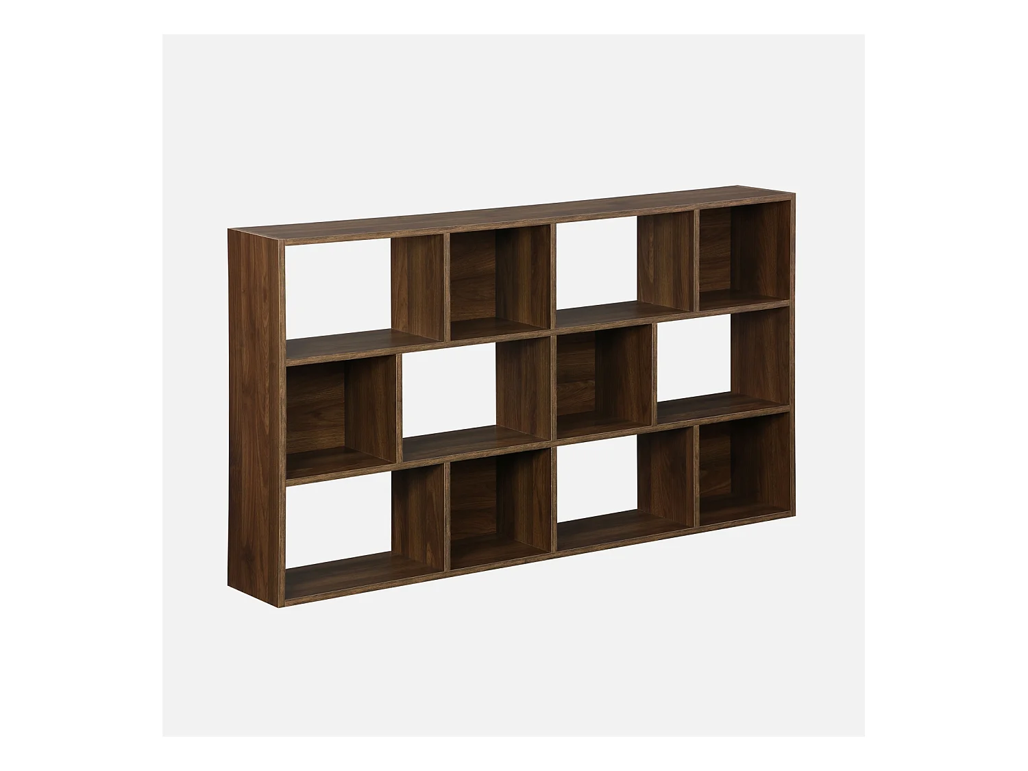 Bibliothèque design asymétrique noyer. Pieter. 3 étagères. 12 compartiments de rangement
