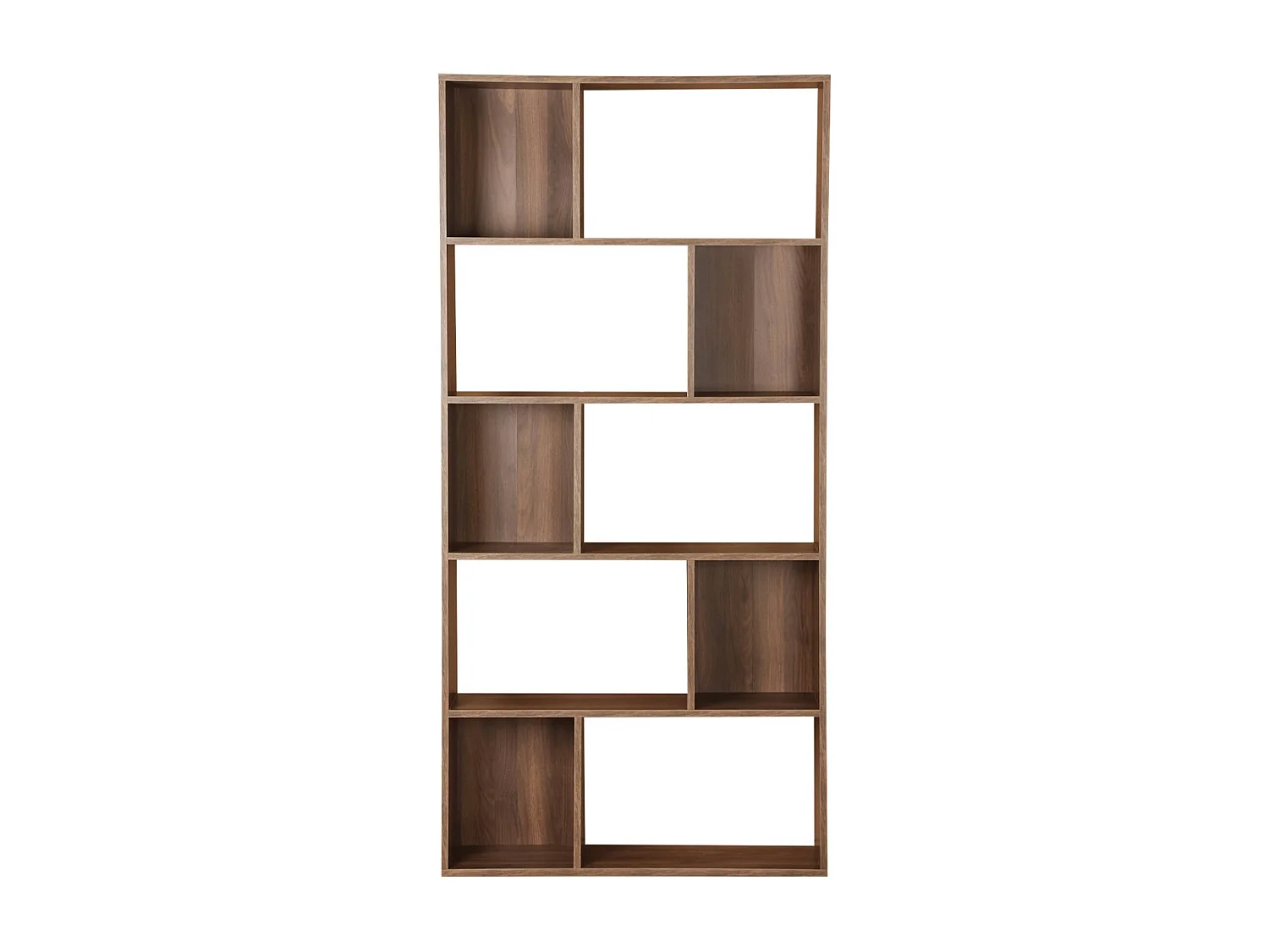 Bibliothèque design asymétrique couleur bois foncé noyer– Pieter – 5 étagères. 10 compartiments de rangement. 83x23x173cm