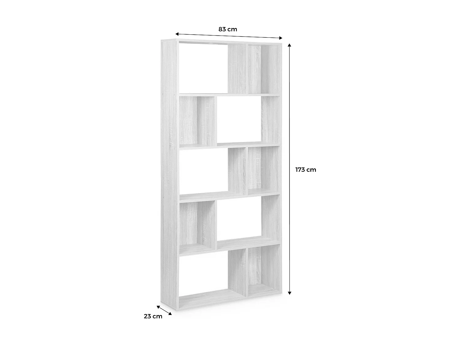 Bibliothèque design asymétrique couleur bois foncé noyer– Pieter – 5 étagères. 10 compartiments de rangement. 83x23x173cm