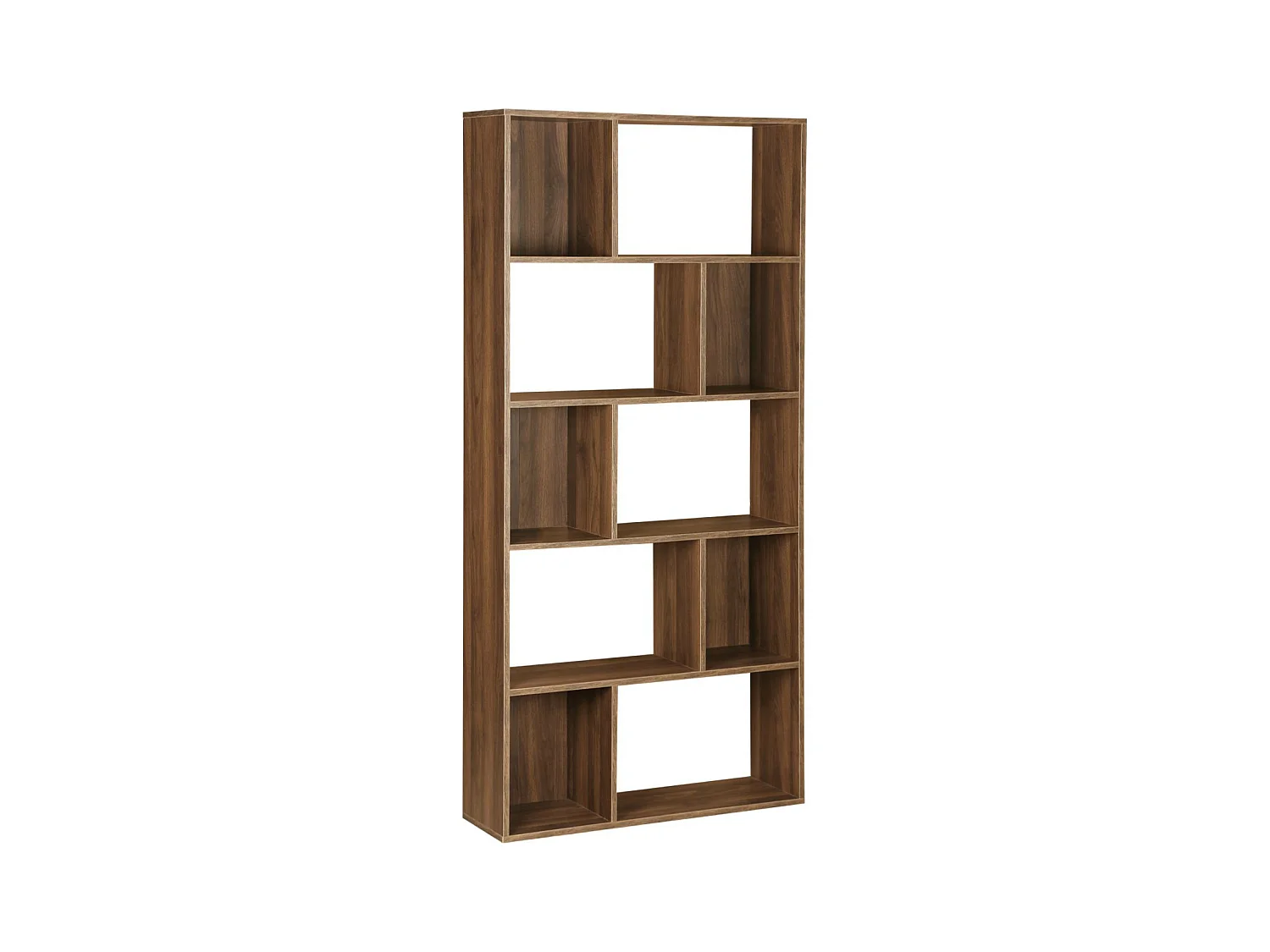 Bibliothèque design asymétrique couleur bois foncé noyer– Pieter – 5 étagères. 10 compartiments de rangement. 83x23x173cm