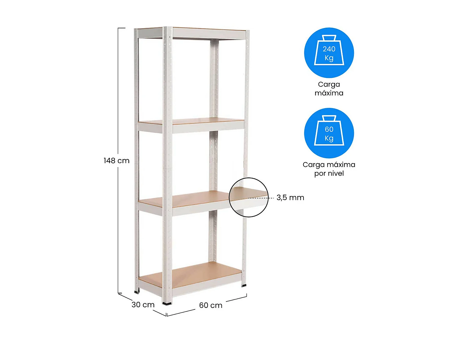 Scaffale Metallico con 4 Ripiani Regolabili 148x60x30cm 240 Kg Bianco Thinia Home