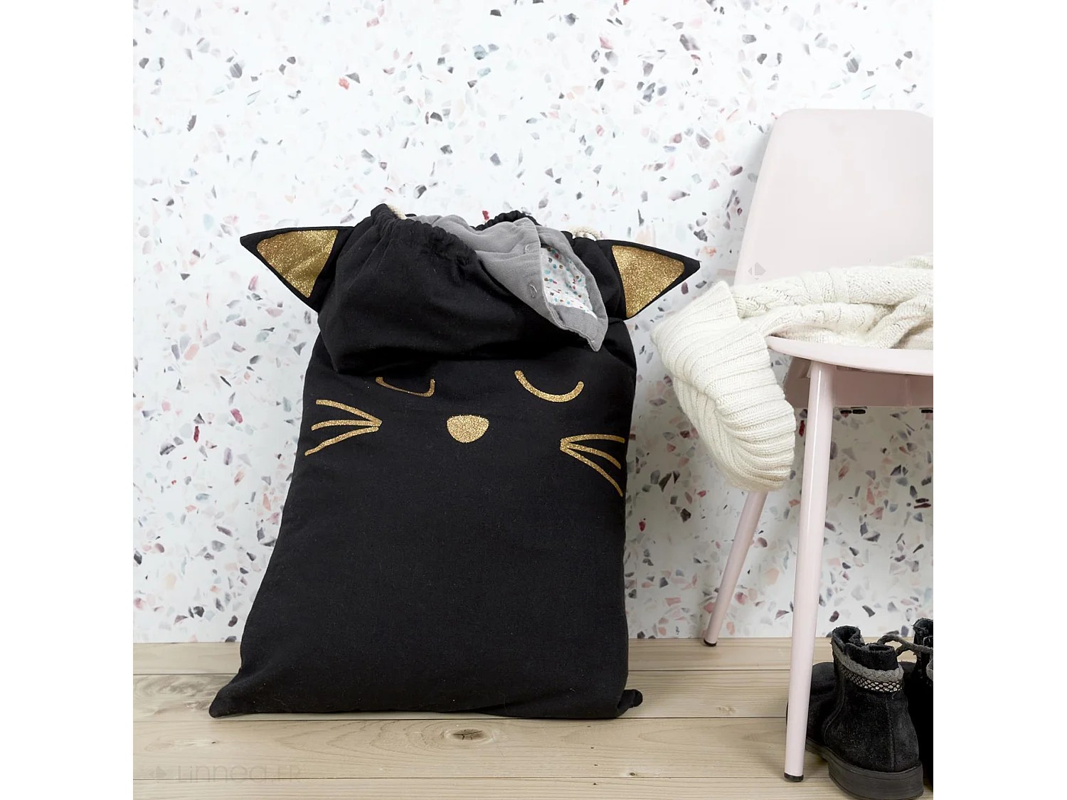 Sac à linge en polyester collection CAT motif chat couleur rose